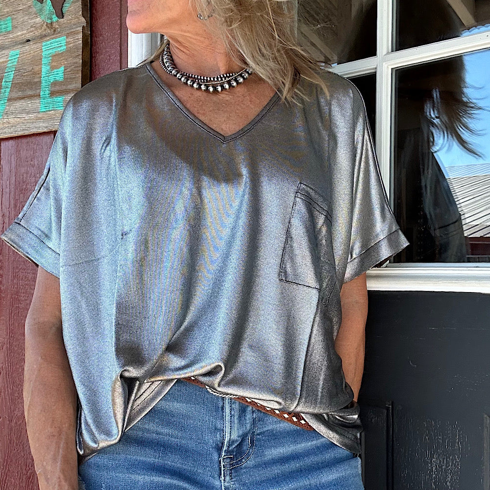 Metallic V neck Tee