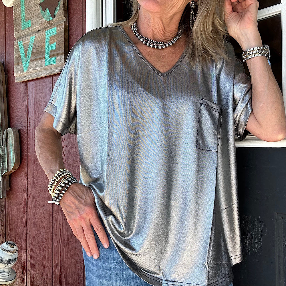 Metallic V neck Tee